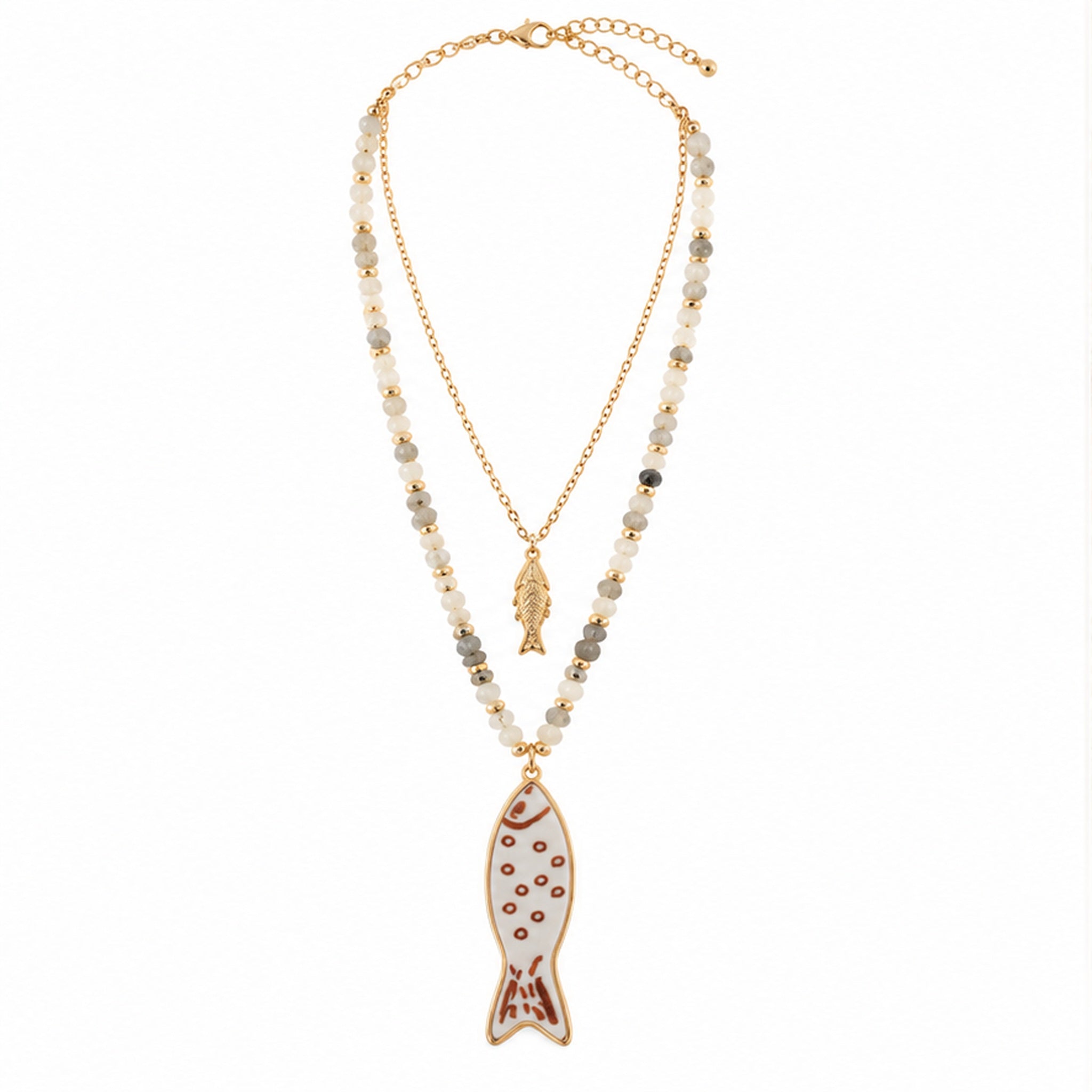 Ceramic fish pendant layered necklace on white