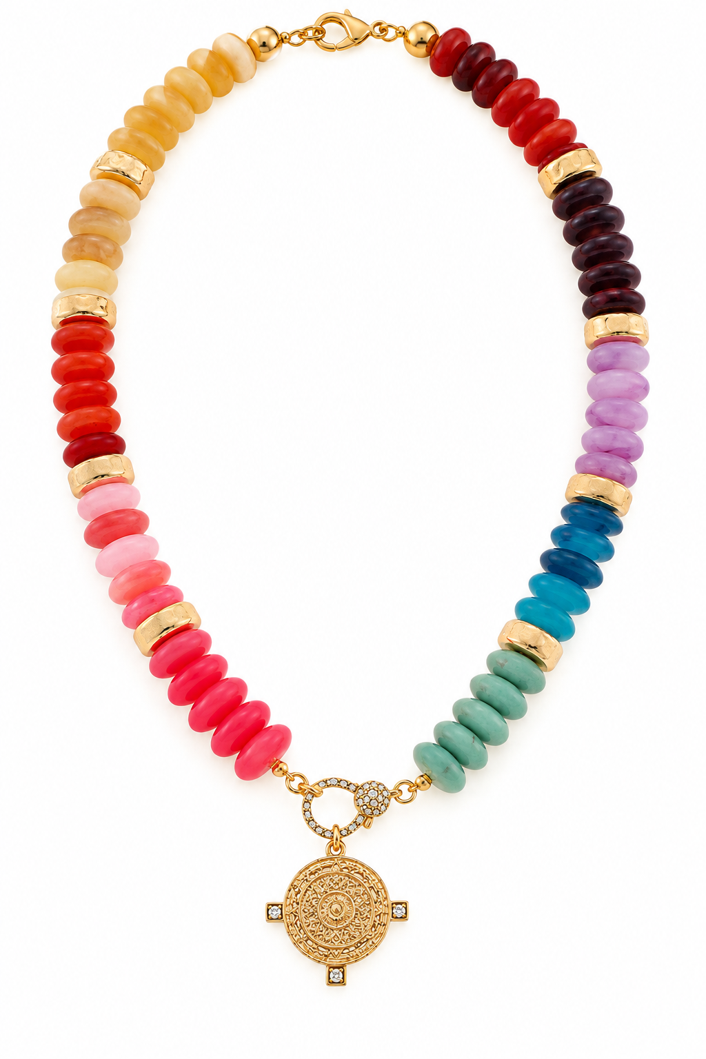 Multicolor coastal medallion beaded necklace featuring pink, coral, yellow, purple, blue, and turquoise acrylic rondelle beads, gold-tone accents, and an ornate medallion pendant.