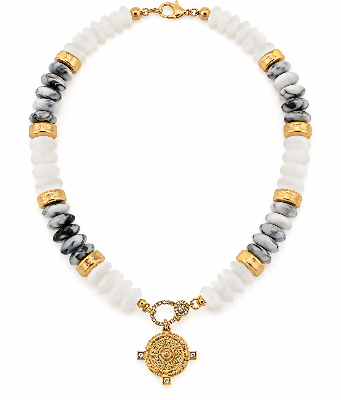 Coastal Medallion Beaded Necklace featuring white acrylic rondelle beads, marbled gray accents, gold-tone spacers, and an ornate medallion pendant, 17 inches long.