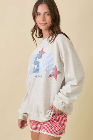 USA Patchwork Oversized Crewneck Heather Ivory