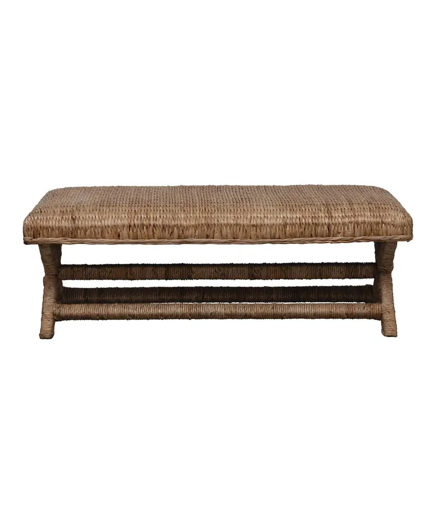 Woven Water Hyacinth & Mahogany Wood Bench, Natural