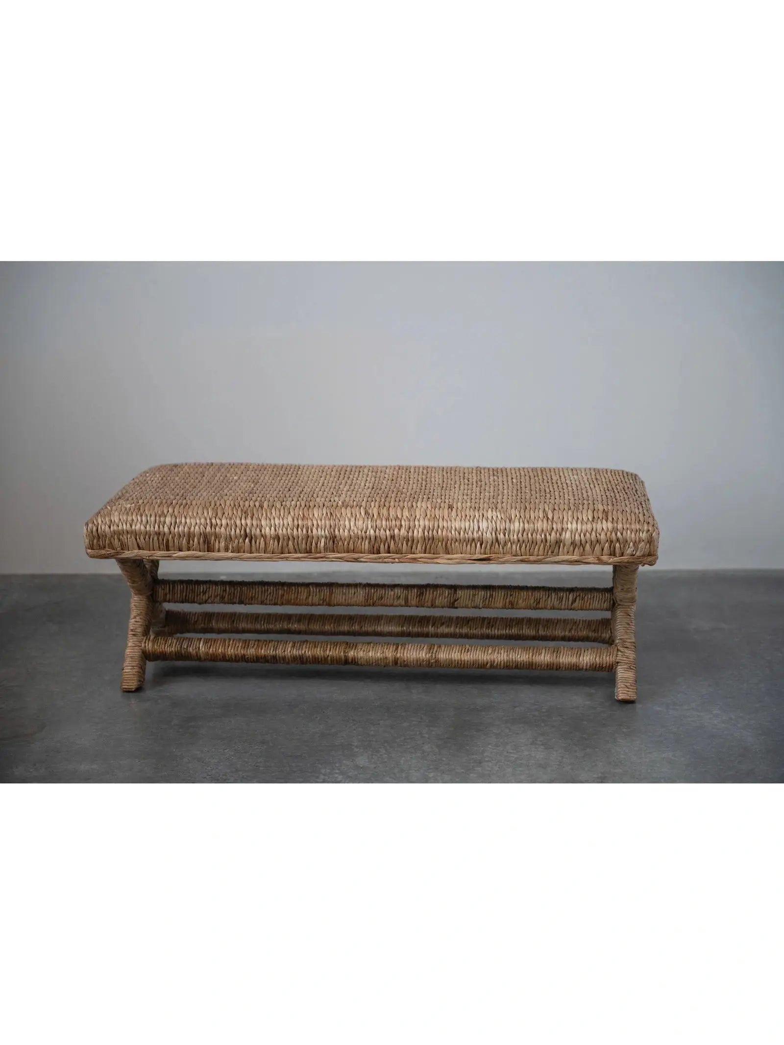 Woven Water Hyacinth & Mahogany Wood Bench, Natural