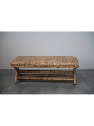 Woven Water Hyacinth & Mahogany Wood Bench, Natural