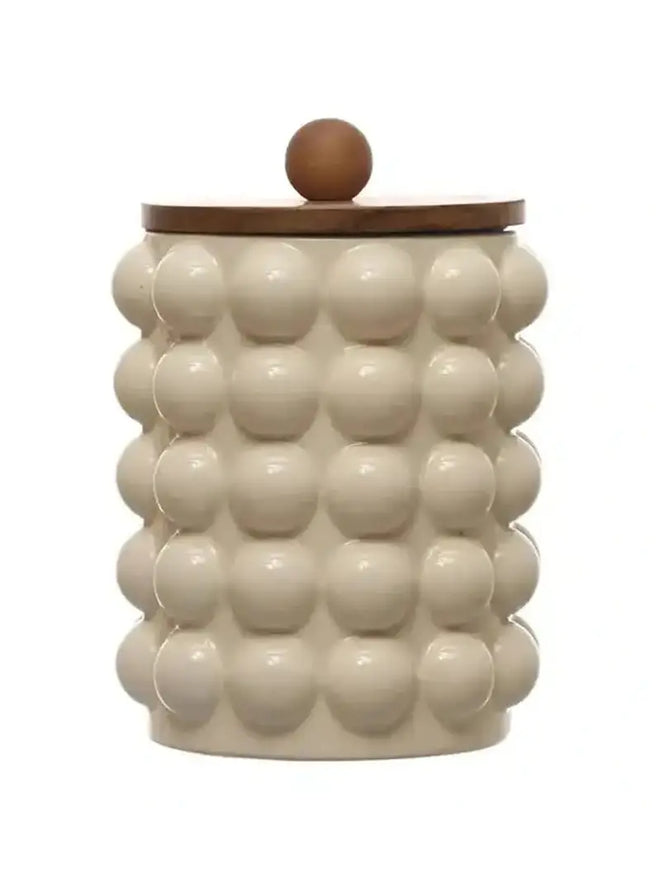 Stoneware Canister w/ Raised Dots and Wood Lid Medium