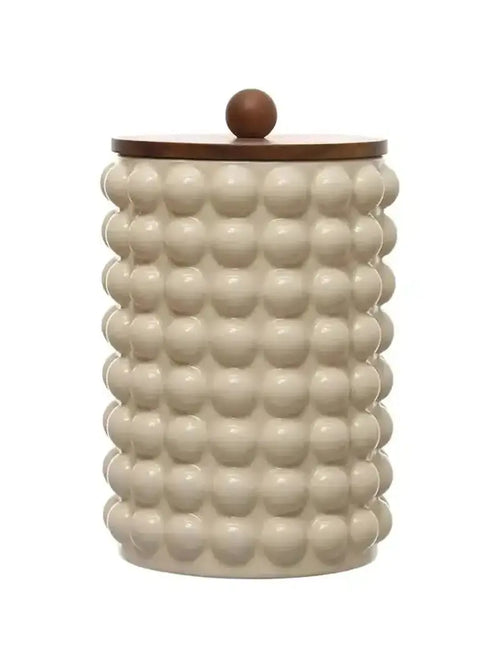 Stoneware Canister w/ Raised Dots and Wood Lid Large