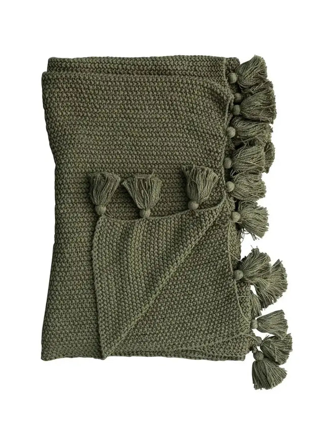 Olive Knit Throw w/ Tassels
