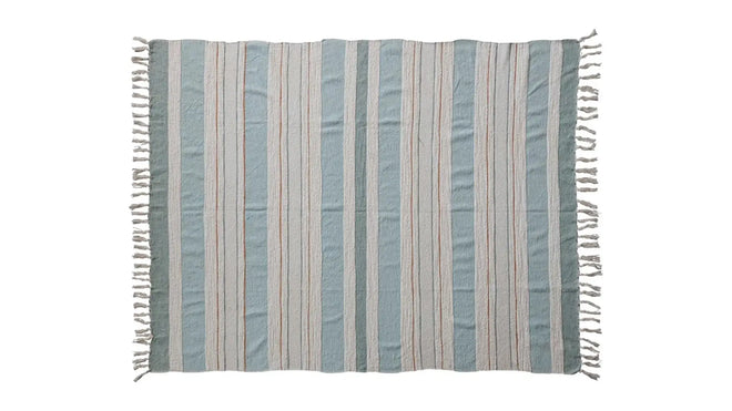 Blue Woven Cotton Throw w/ Stripes & Fringe