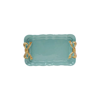 Aqua Metal Tray with Gold Bow Accents