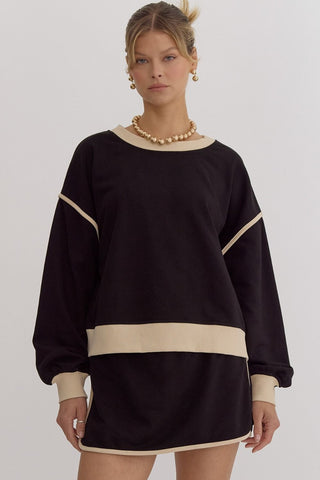 Solid Contrast Trim Long Sleeve Top