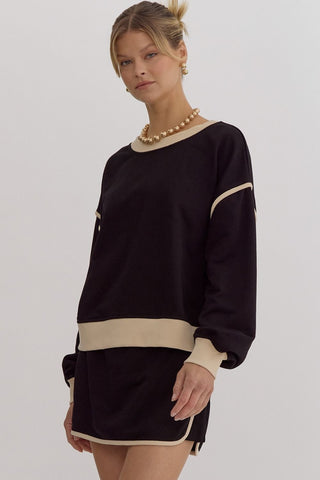 Solid Contrast Trim Long Sleeve Top