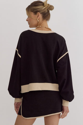 Solid Contrast Trim Long Sleeve Top