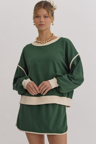 Solid Contrast Trim Long Sleeve Top