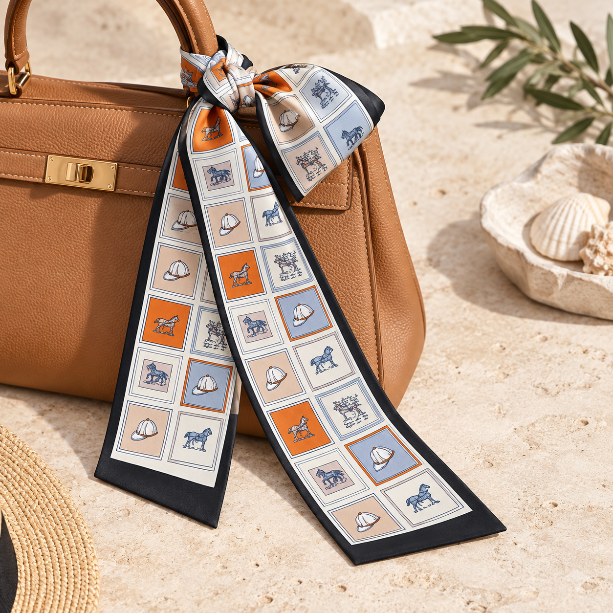 Black and orange equestrian patchwork twilly scarf tied around a tan handbag.