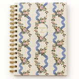 Floral ribbon spiral notebook with blue ribbons, pink flowers and gold-tone Thoughts & Ideas lettering