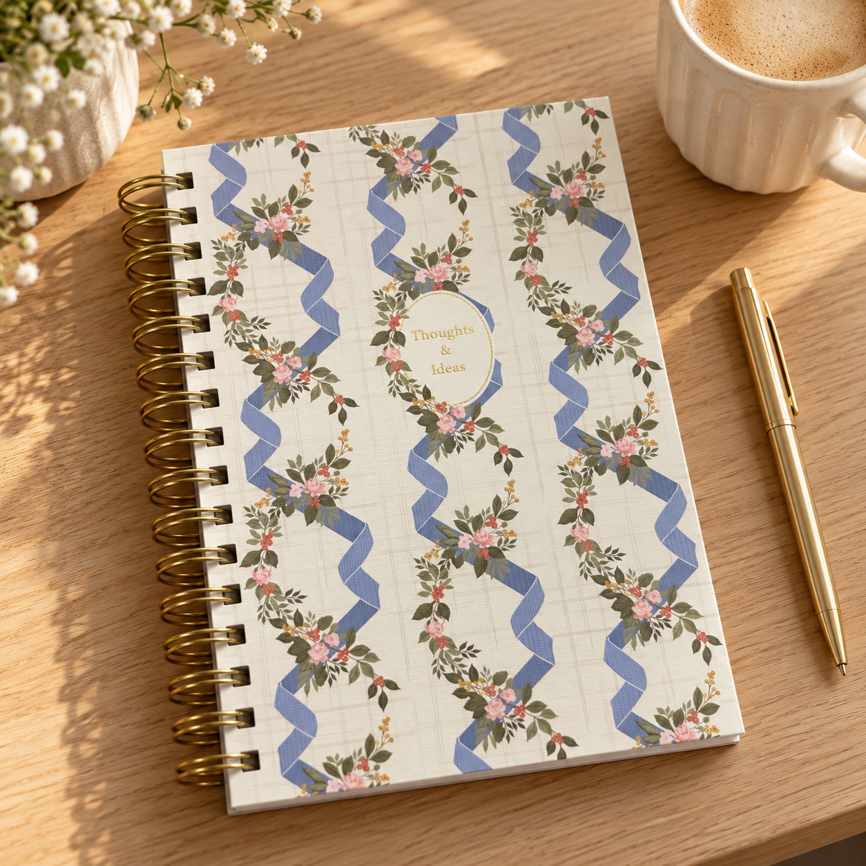 Floral ribbon notebook styled on an oak desk beside a mug and gold-tone pen