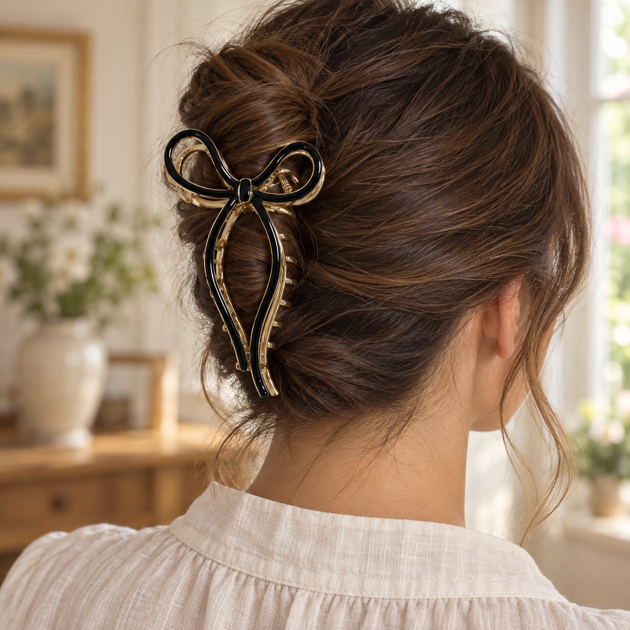 Black acrylic inlay gold-tone bow claw hair clip worn in a brunette updo