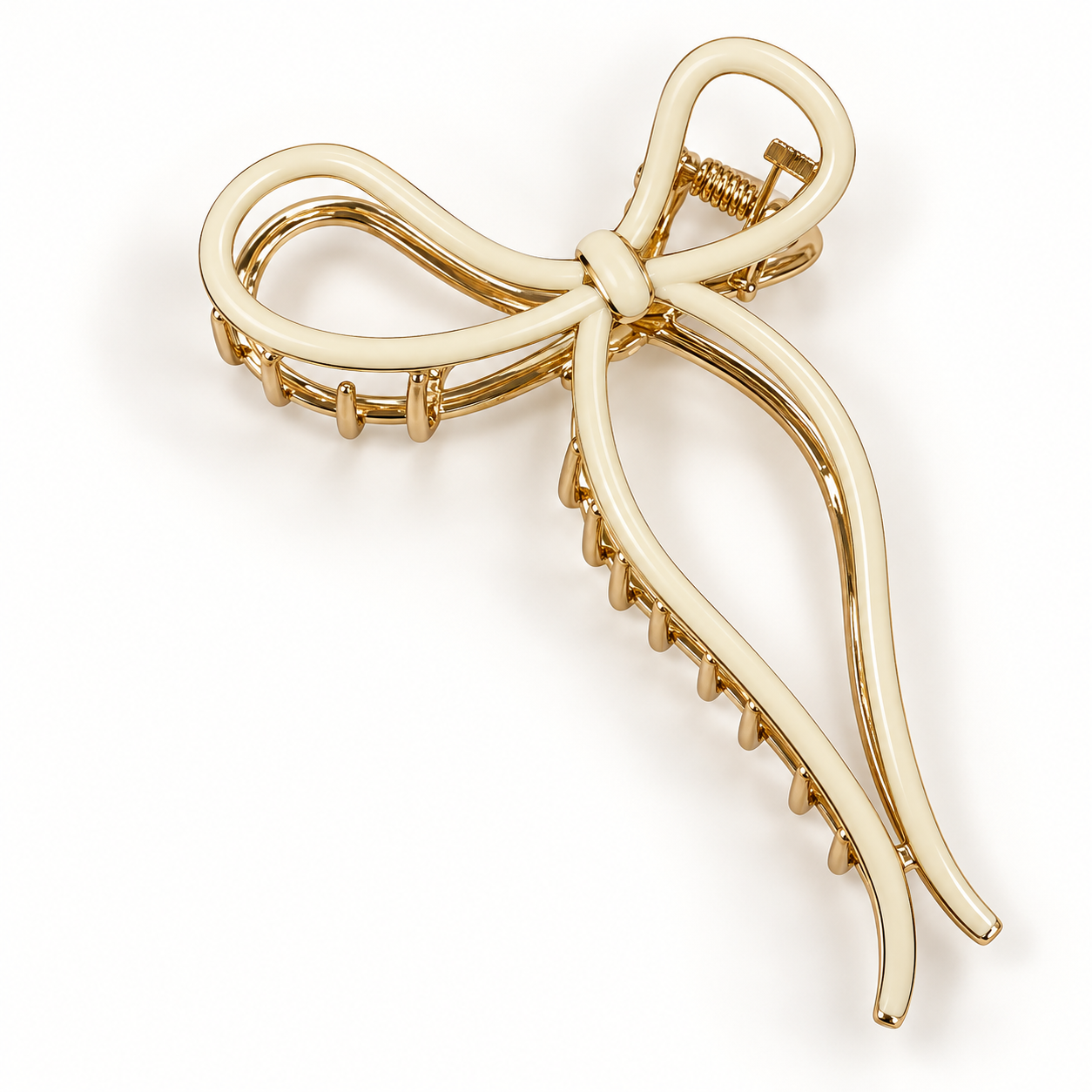 Cream acrylic inlay gold-tone bow claw hair clip on a white background