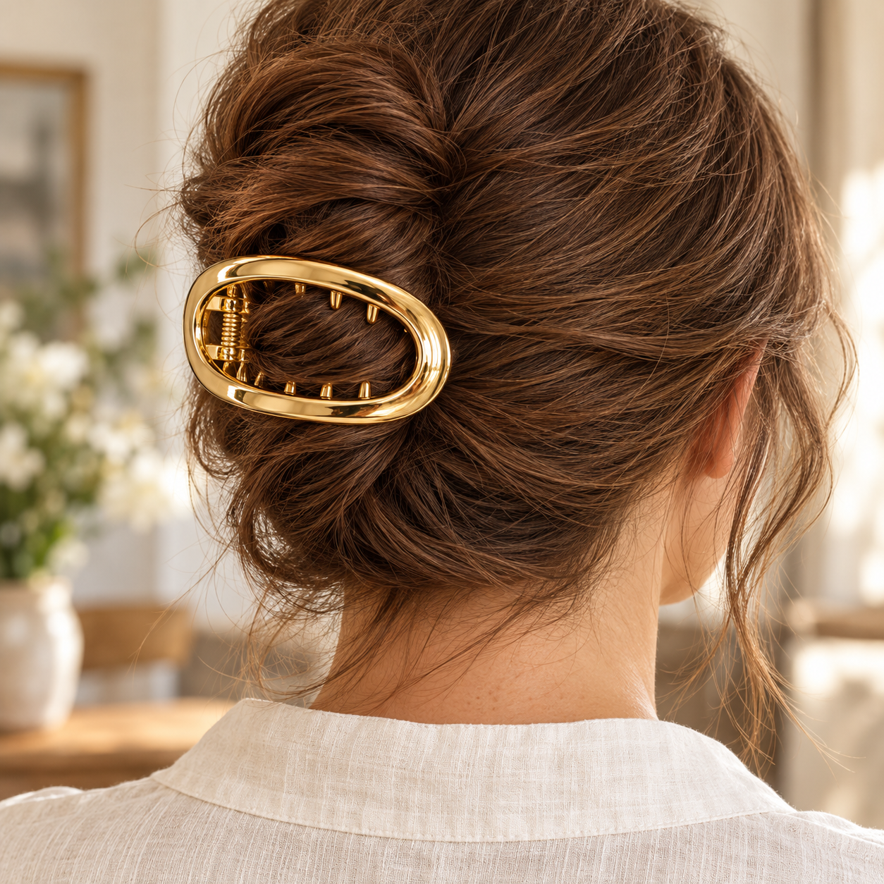 Gold oval claw clip worn in a brunette French twist hairstyle