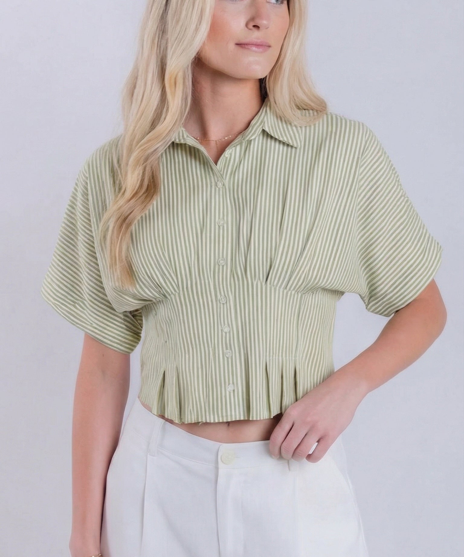 Cinched Waist Button Down Short Sleeve Top