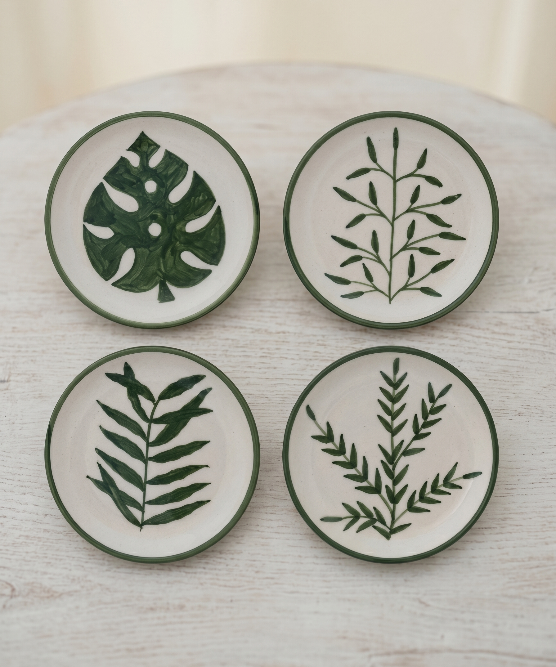 Round Hand-Painted Stoneware Plate w/ Botanical, Cream Color & Dark Green