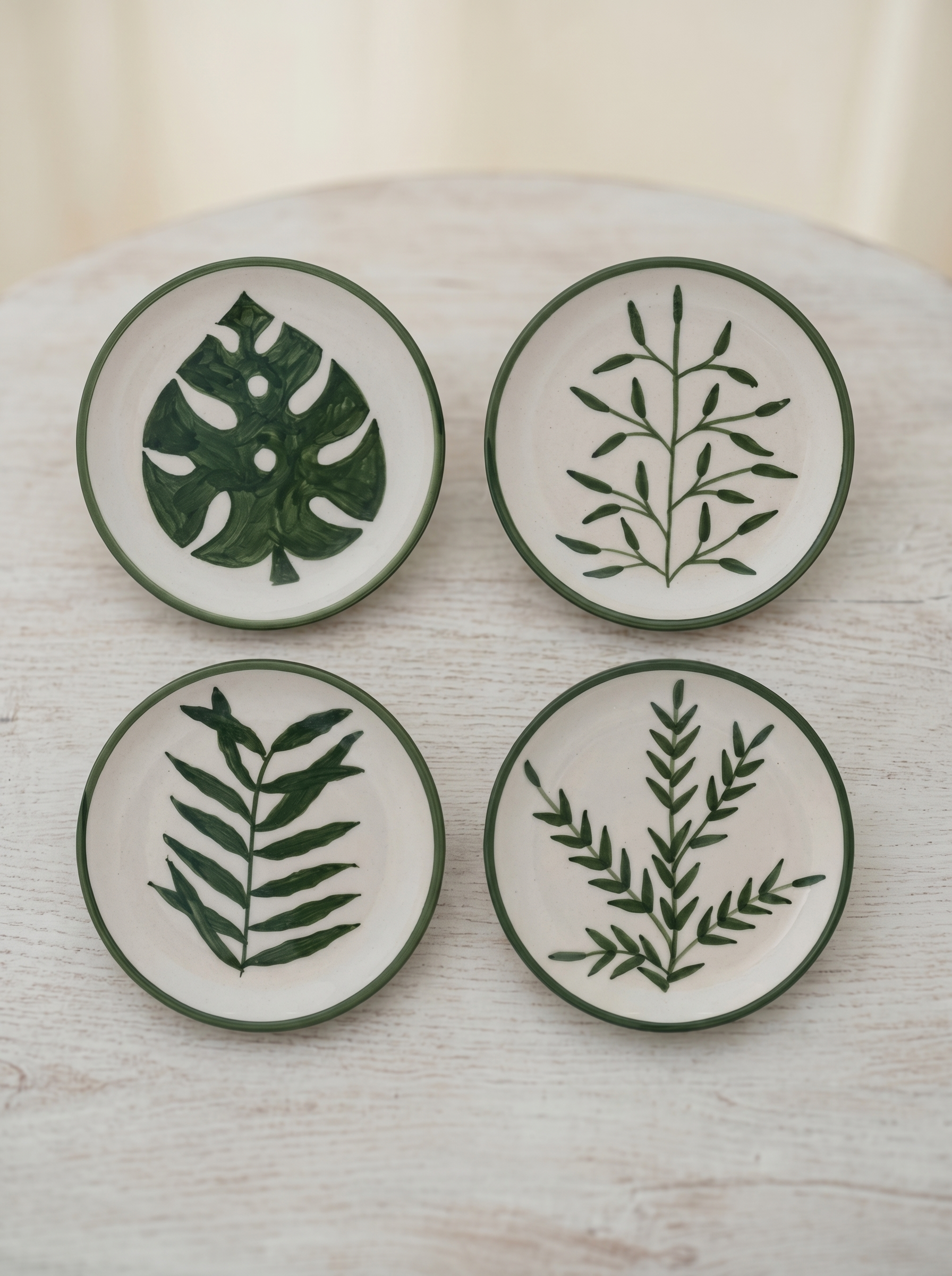 Round Hand-Painted Stoneware Plate w/ Botanical, Cream Color & Dark Green