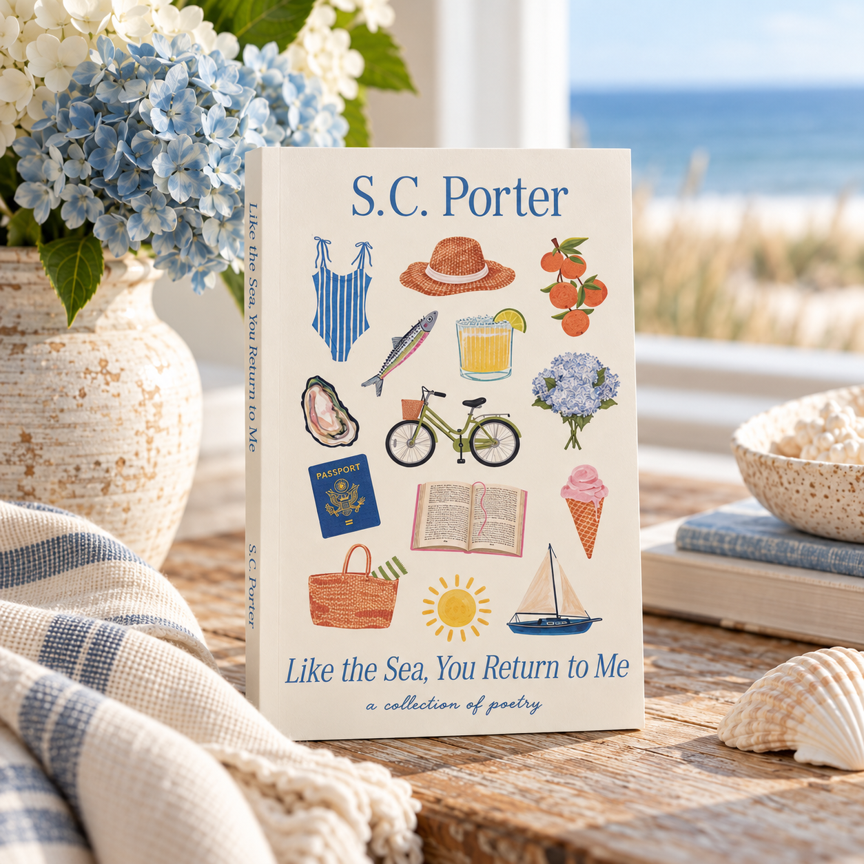 Like the Sea, You Return to Me poetry book by S.C. Porter styled with coastal decor