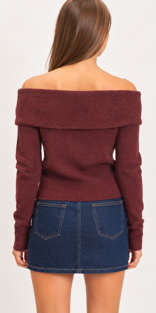 Back view of the Marlowe burgundy off-shoulder knit sweater showing the wide folded neckline, long sleeves, and ribbed waist.