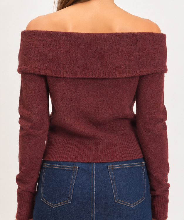 Back view of the Marlowe burgundy off-shoulder knit sweater showing the wide folded neckline, long sleeves, and ribbed waist.