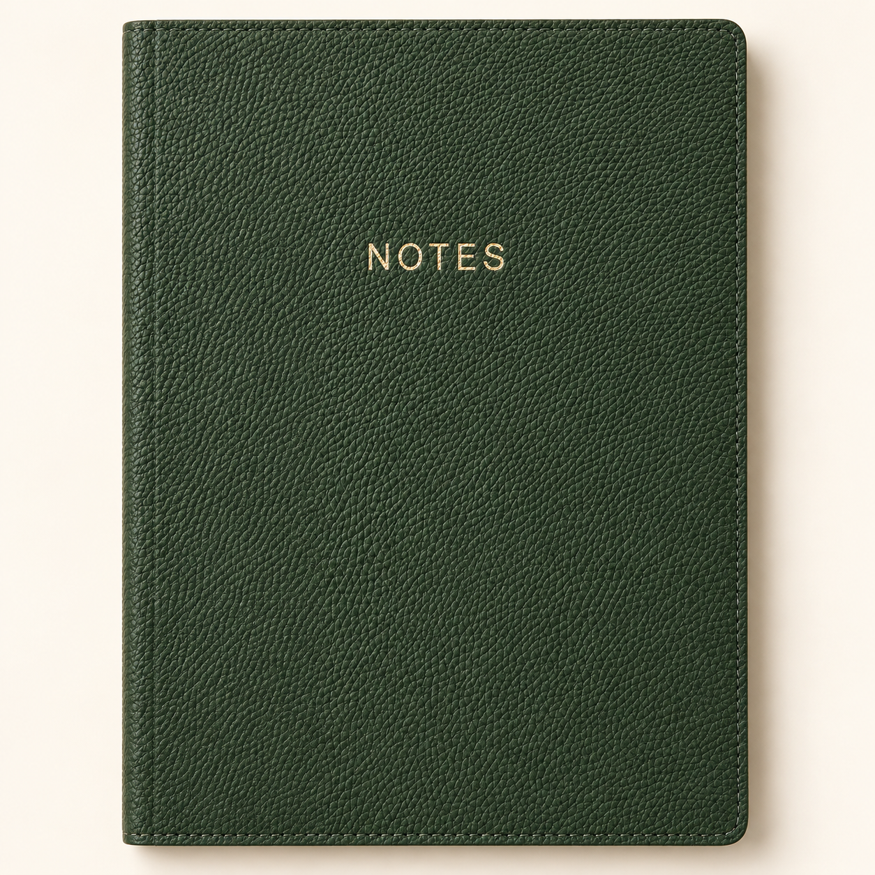 Molly & Rex forest green vegan leather journal with gold NOTES lettering, front view.