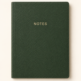 Molly & Rex forest green vegan leather journal with gold NOTES lettering, front view.