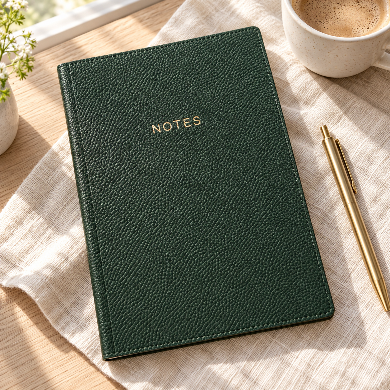 Forest green vegan leather notes journal on a linen-covered desk beside coffee and a gold pen.
