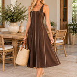 Full-length front view chocolate brown contrast piping midi dress