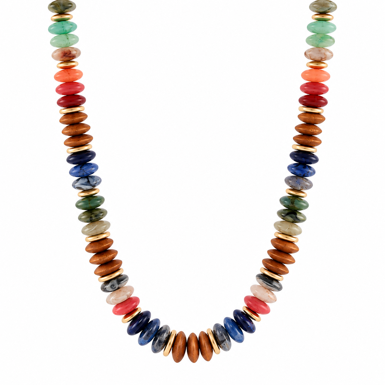 Detailed front view of multicolor acrylic necklace with navy, coral, green and brown beads separated by gold-tone spacers.