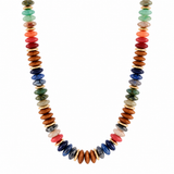 Detailed front view of multicolor acrylic necklace with navy, coral, green and brown beads separated by gold-tone spacers.