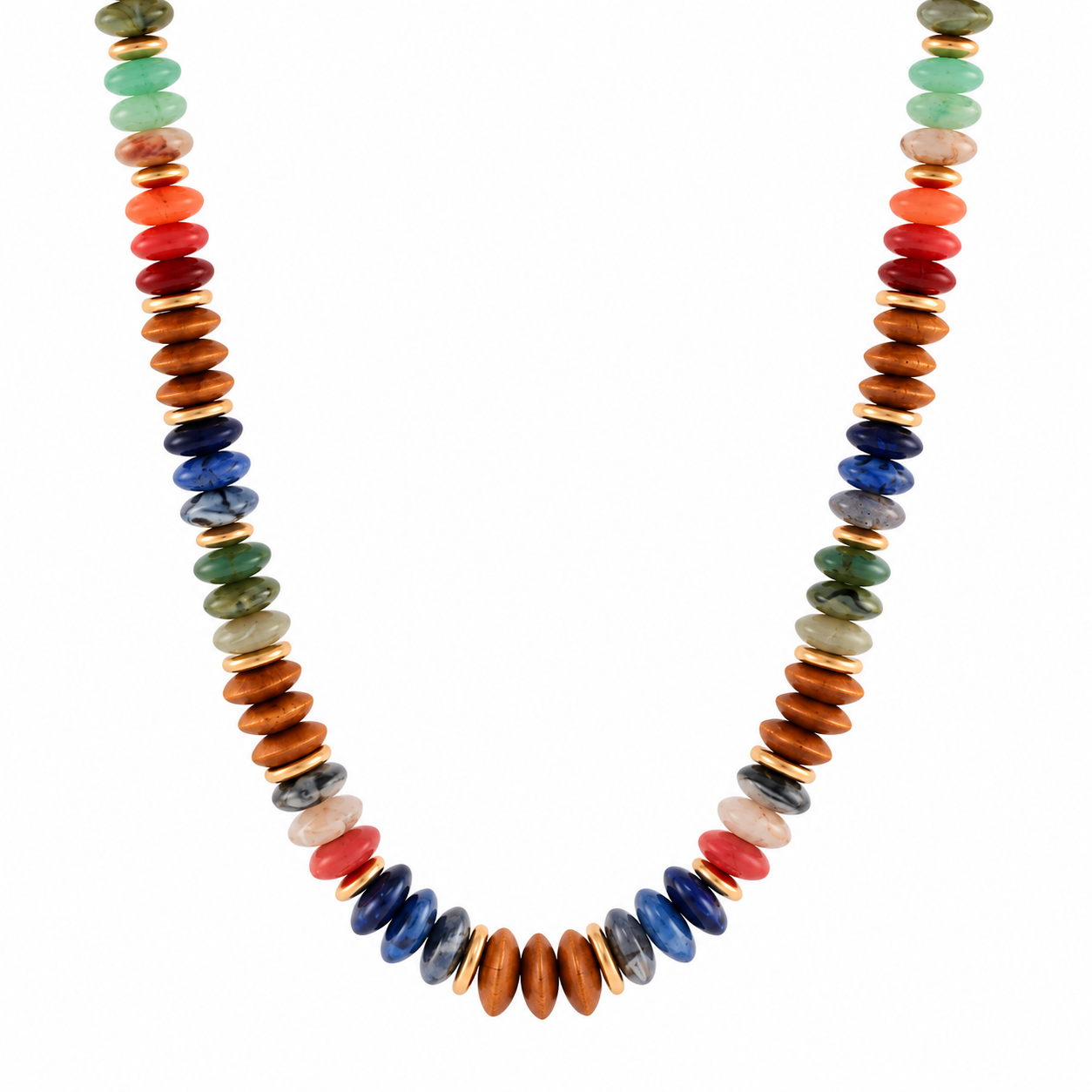 Multicolor mixed bead necklace featuring coral, navy, green, aqua and brown acrylic beads with gold-tone accents.