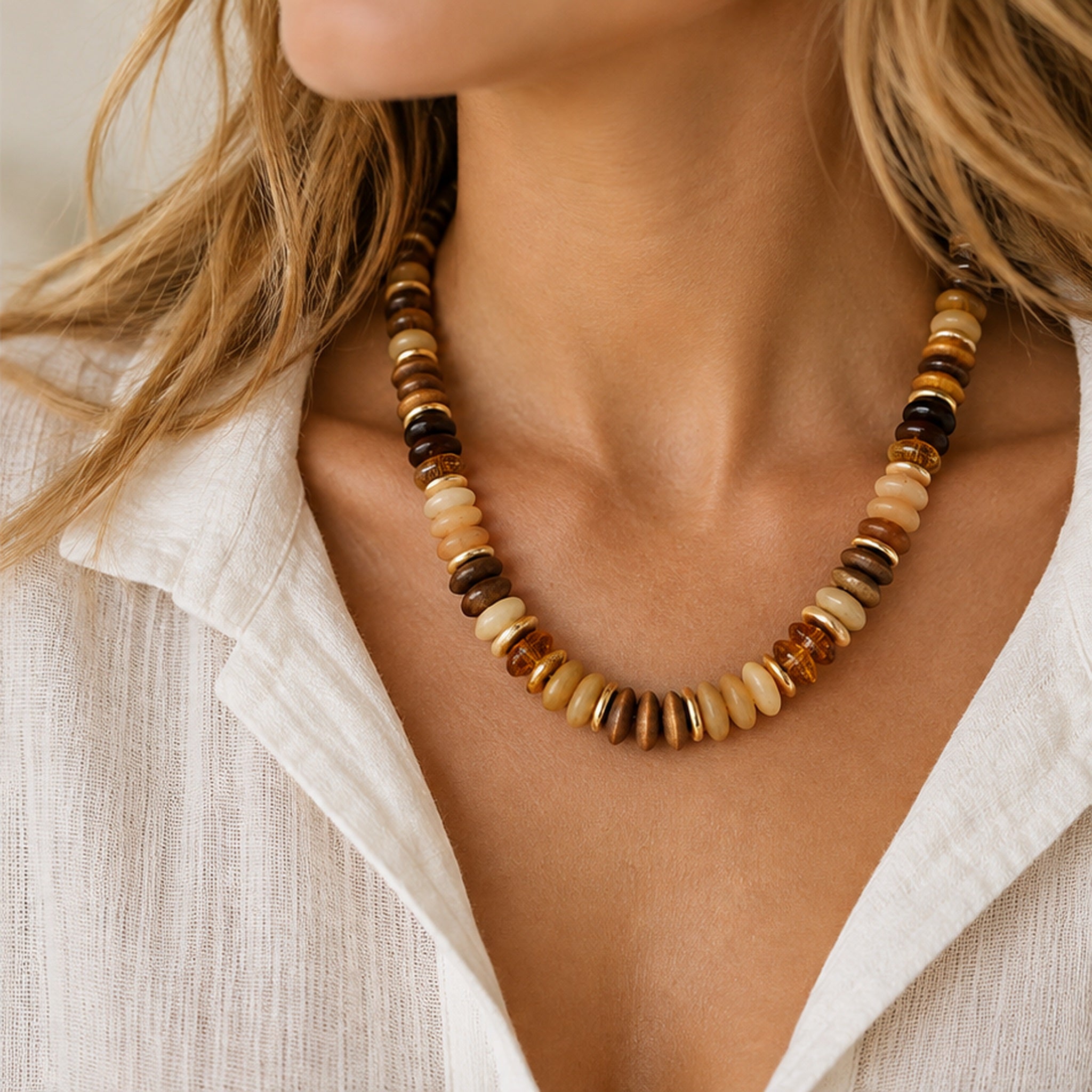Natural mixed bead necklace worn by model