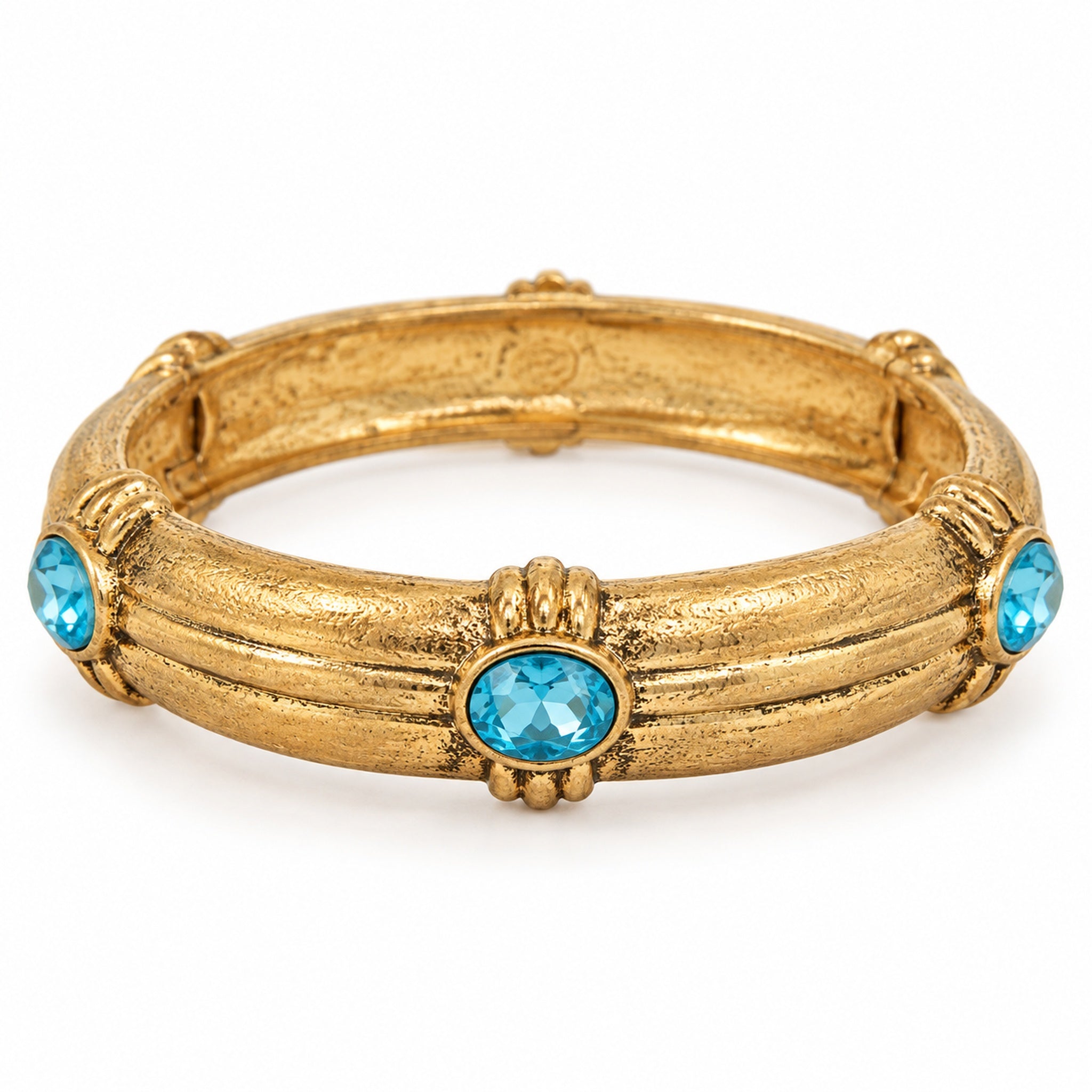 Aqua Oval Stone Station Bangle Bracelet with textured gold-tone band and raised stone stations on white