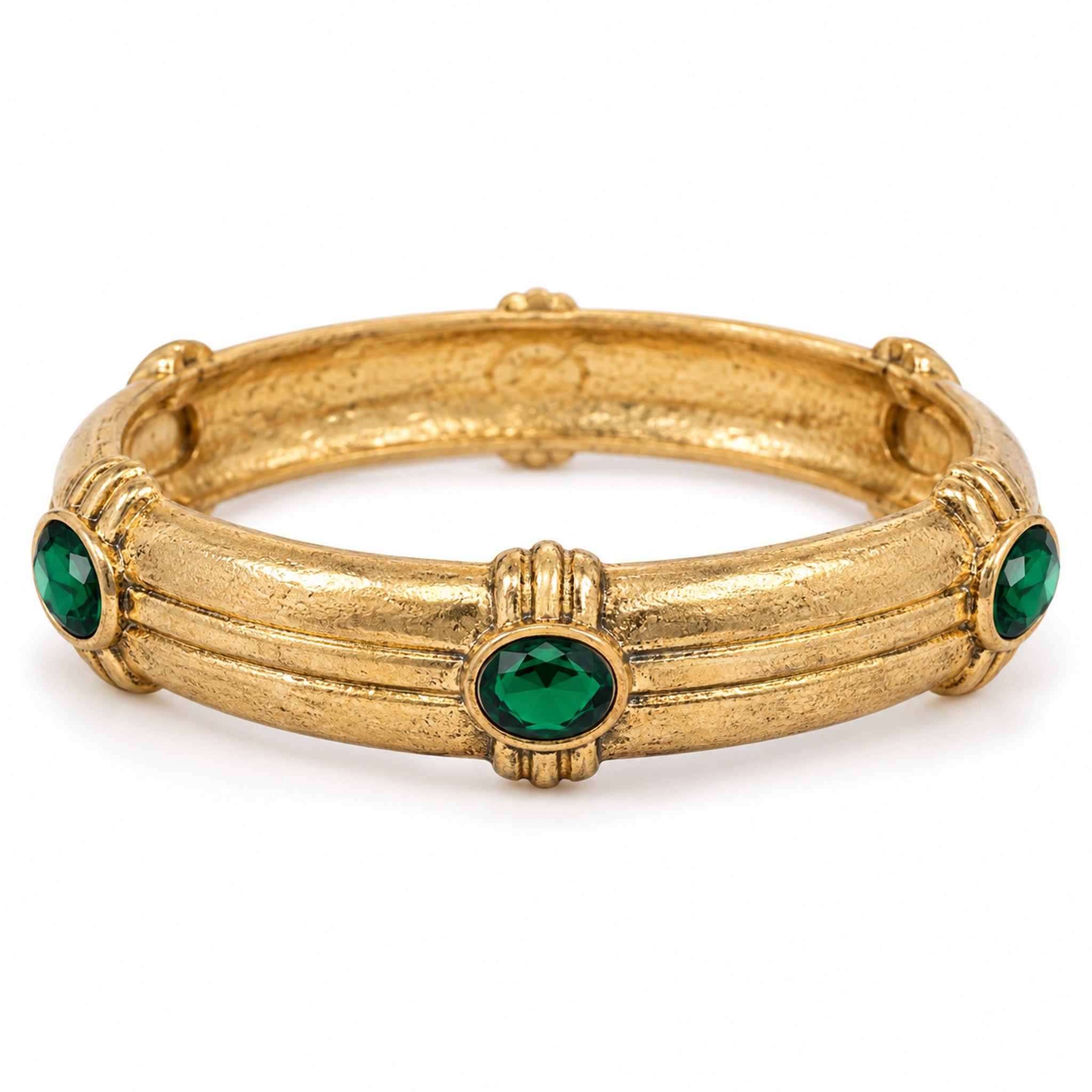 Green Oval Stone Station Bangle Bracelet with textured gold-tone band and raised stone stations on white