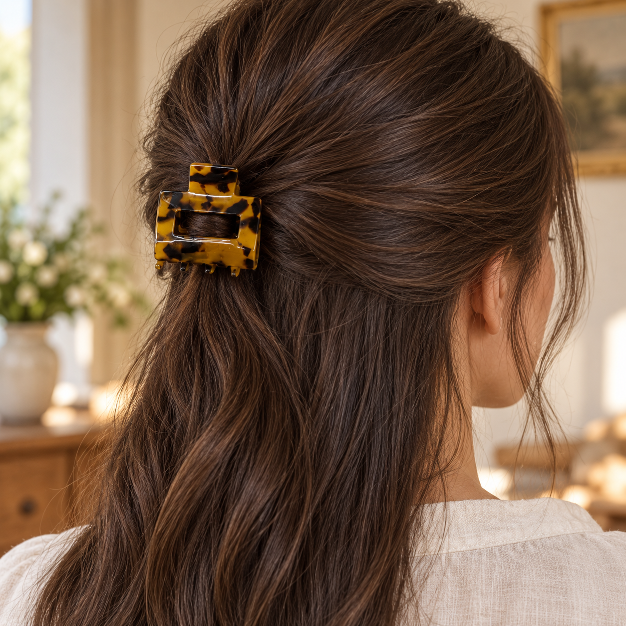 Dark Tortoise rectangle claw hair clip worn in a brunette half-up hairstyle