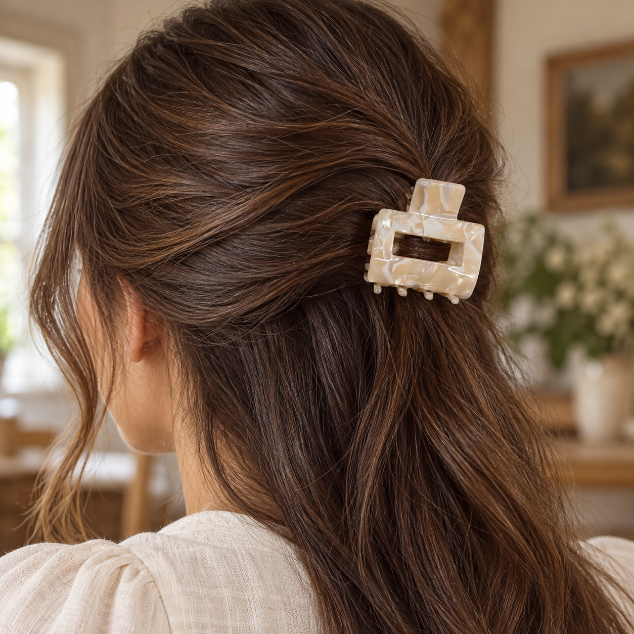 White Tortoise rectangle claw hair clip worn in a brunette half-up hairstyle