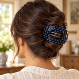 Blue Polka Dot scalloped oval claw hair clip worn in a brunette updo