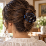 Blue Trim scalloped oval claw hair clip worn in a brunette updo