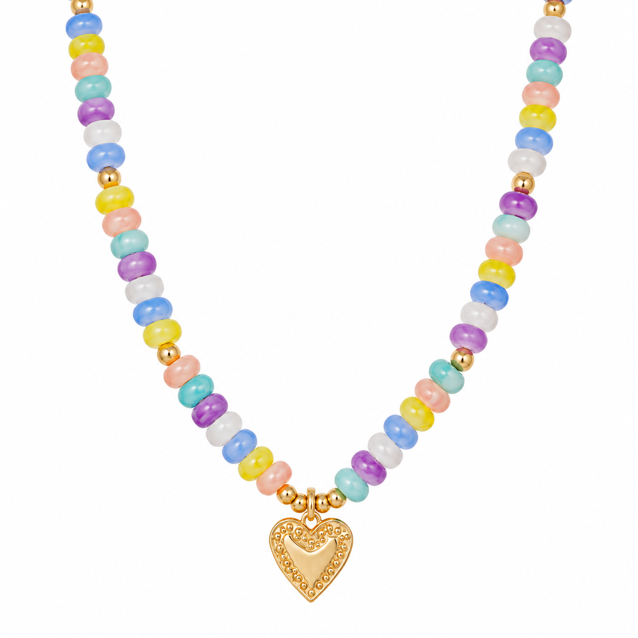 Multicolor pastel acrylic beaded necklace with gold heart pendant and gold-tone accents.