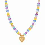 Multicolor pastel acrylic beaded necklace with gold heart pendant and gold-tone accents.