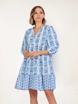 Blue & White Block Print Tiered Tunic Dress